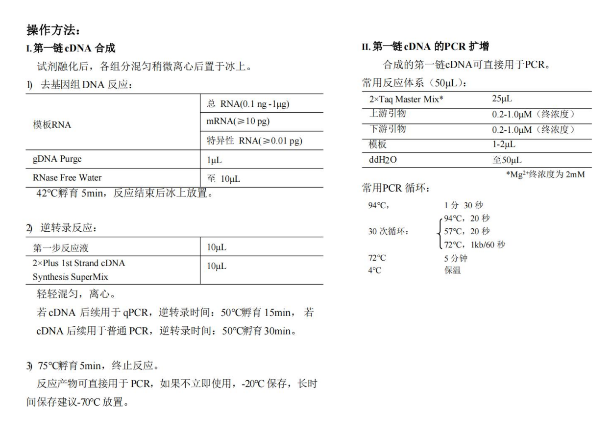 一體式第一鏈cDNA合成超級預混液（去除gDNA）操作方法與常用PCR循環(huán)